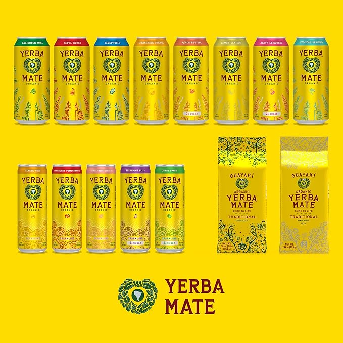 Yerba Madre Organic Yerba Mate Clean Energy Drink Alternative Bundle Grapefruit Ginger &amp Classic Gold Flavors 12 Oz (Pack of 24) 80mg Natural Caffeine Smooth Energy &amp Focus