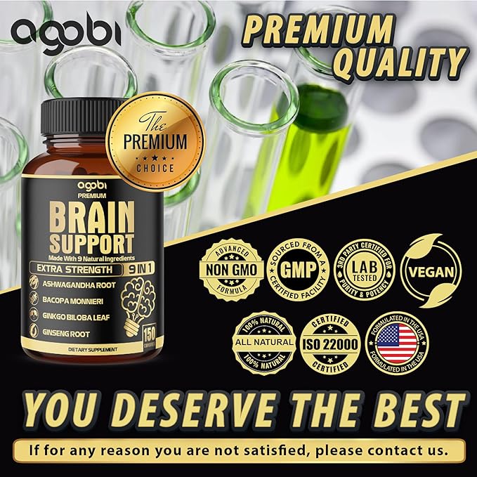 agobi 9in1 Brain Support Supplement - Blended with Ashwagandha Panax Ginseng Gotu Kola Ginkgo Biloba Black Pepper &amp More - Accuracy Focus Memory &amp Energy Booster - 150 Capsules for 5 Mon
