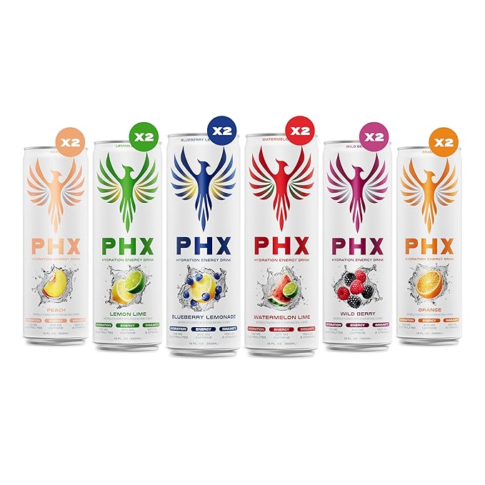 PHX Hydration Energy Drink - 700mg Electrolytes 200mg Natural Green Tea Caffeine 100% Daily Value 8 Essential Vitamins - 12 oz Cans (12 Pack) (12 Pack Variety Pack)
