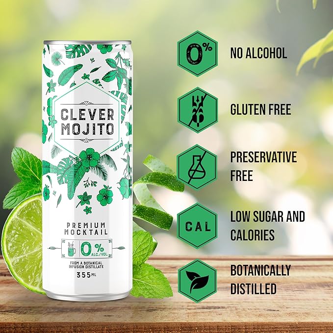 CLEVER - Mojito Nonalcoholic Mocktails for Any Occasion Sugar-Free Beverages with Botanical Extracts Low-Calorie Mocktails Non-alcoholic Drinks with 70 Calories Pack of 12 (12 oz Ea)
