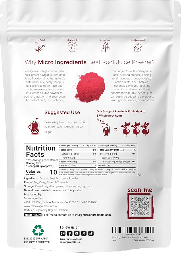 Micro Ingredients Organic Beet Root Juice Powder 1 Pound | Cold Pressed Water Soluble High Concentrated Raw Beet Supplement | Superfood Drink Mix | Non-GMO Vegan Friendly Plant Based