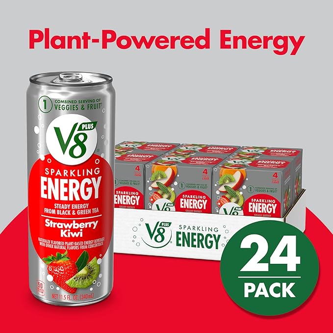 V8 +ENERGY Strawberry Kiwi Energy Drink Made with Real Vegetable and Fruit Juices 11.5 FL OZ Can (6 Packs of 4)