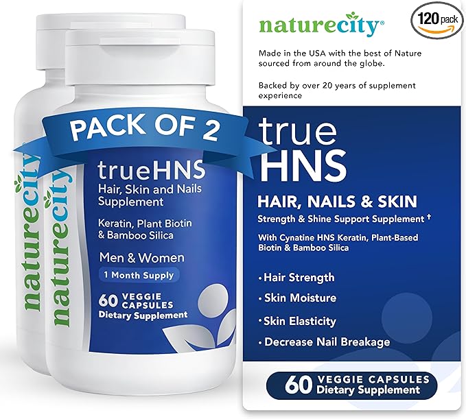 NatureCity True-HNS Hair Nails and Skin Cynatine Keratin and Plant Based Biotin Vitamin Supplement |Fuller and Stronger Hair and Nails|Non GMO| 120 Veggie Capsules