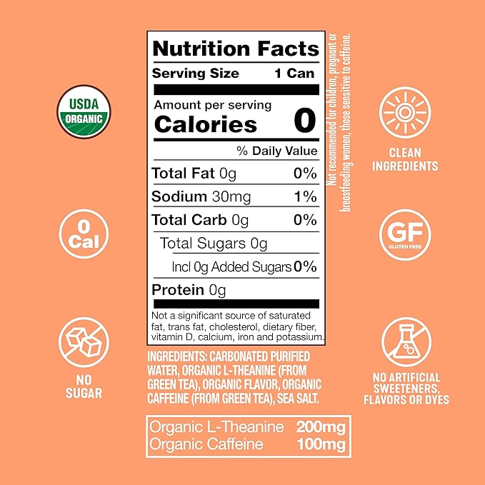 ARDOR ENERGY Sparkling Water with 100mg Natural Caffeine &amp 200mg L-Theanine from Organic Green Tea for Smooth Energy &amp Focus | Healthy Energy Drink | No Sugar Zero Calories Vegan Gluten-Fre