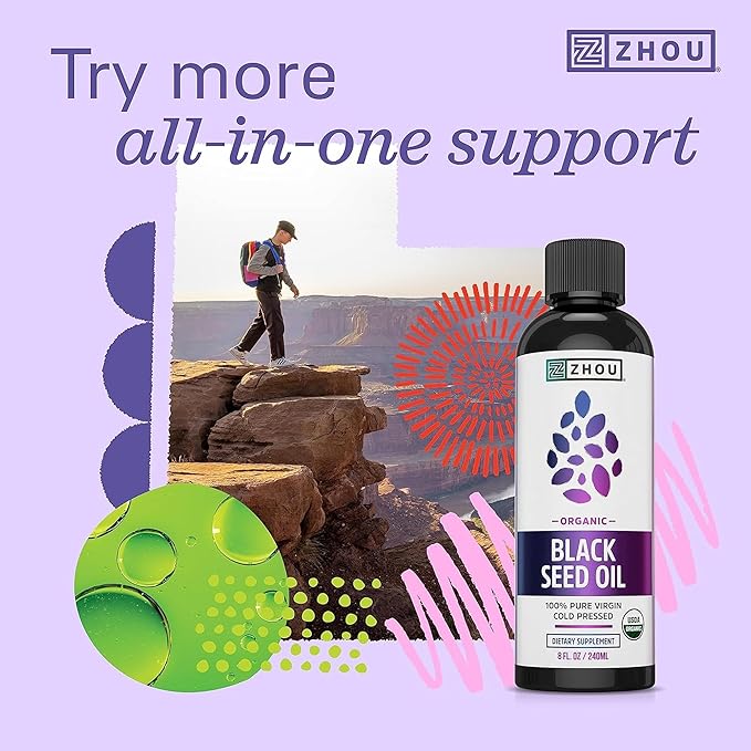 ZHOU Black Seed Oil Capsules - Black Cumin Seed Oil Cold Pressed Nigella Sativa Pure Unrefined Blackseed Premium Supplement for Health Hair &amp Skin w/Thymoquinone - 60 Capsules (Pack of 2)