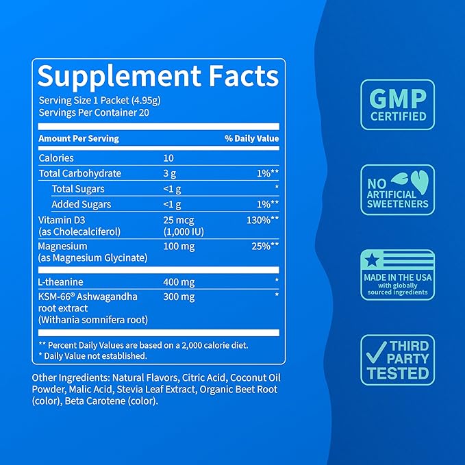 Nello Supercalm Powdered Drink Mix Cortisol Reducer* and Sleep Aid Supplement L Theanine Ksm-66 Ashwagandha Magnesium Glycinate Vitamin D 3 No Sugar Non GMO On The Go 20 Ct Orange Creamsicle