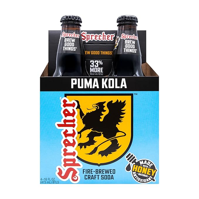 Sprecher Puma Kola in 16 fl oz Glass Bottles (24 Pack) Fire Brewed Craft Cola Soda with Real Honey Smooth Classic Cola Flavor Naturally Flavored Gourmet Soft Drink