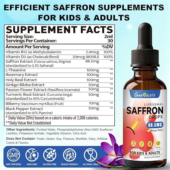Organic Saffron Extract Liquid Drops 88.5mg Liposomal Saffron Supplements for Kids &amp Adults with Holy Basil Rosemary Turmeric L-Theanine Focus Stress &amp Energy Support Vegan 2 FL OZ