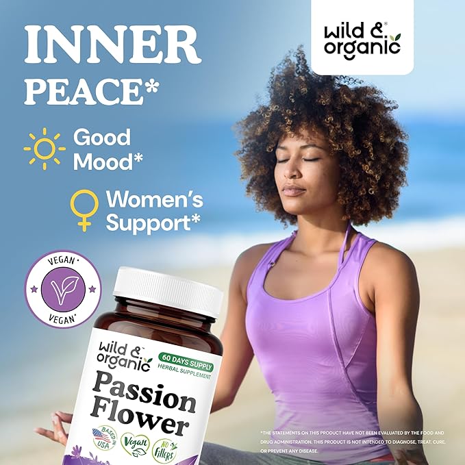 Wild &amp Organic Passion Flower Capsules 600 mg - Relaxation &amp Mood Support - Passionflower Extract Supplement - Passiflora Incarnata Herb - Vegan No Fillers Non-GMO - 60 Count
