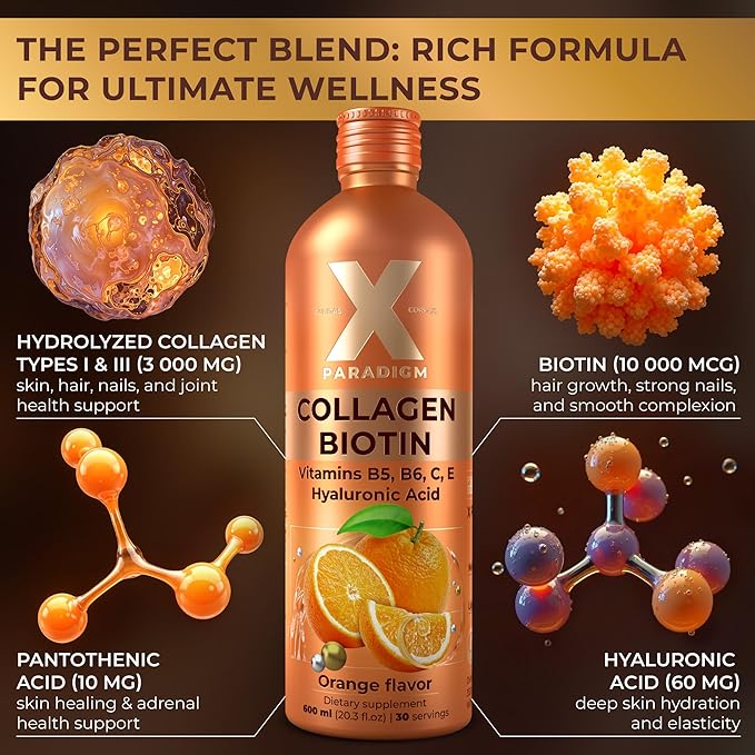 Liquid Collagen Peptides with Biotin &amp Hyaluronic Acid - Hydrolyzed Bovine Collagen Type 1 and 3 Biotin 10000mcg Vitamins B5 B6 C &amp E - Orange Flavor
