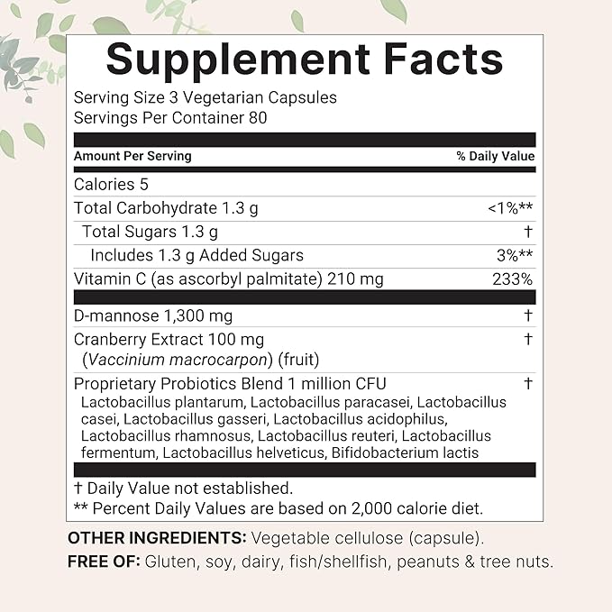 Pure D Mannose 1300mg with Cranberry &amp Probiotics 240 Veggie Capsules | Urinary Tract Health for Women | Plus 1 Million CFU Probiotics Blend &amp High Absorption Vitamin C | Filler Free Non-GM