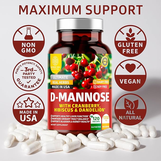 Number One Nutrition Premium D Mannose with Cranberry and Hibiscus [Max Strength 1350mg] (120 Count (Pack of 2))