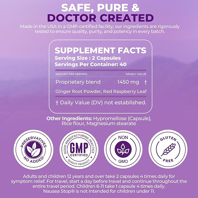 Dr. Barton’s Nausea Stop - Natural Ginger Non-Drowsy Nausea Relief Pills for Adults &amp Kids Anti Nausea Upset Stomach Morning Sickness &amp Pregnancy Nausea - Travel Essentials - 80 Capsules (
