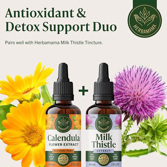 HERBAMAMA Calendula Tincture - Vegan Antioxidant &amp Detox Support with Calendula Extract Drops - Non-GMO Alcohol &amp Sugar-Free Liquid Supplement 42-Day Supply