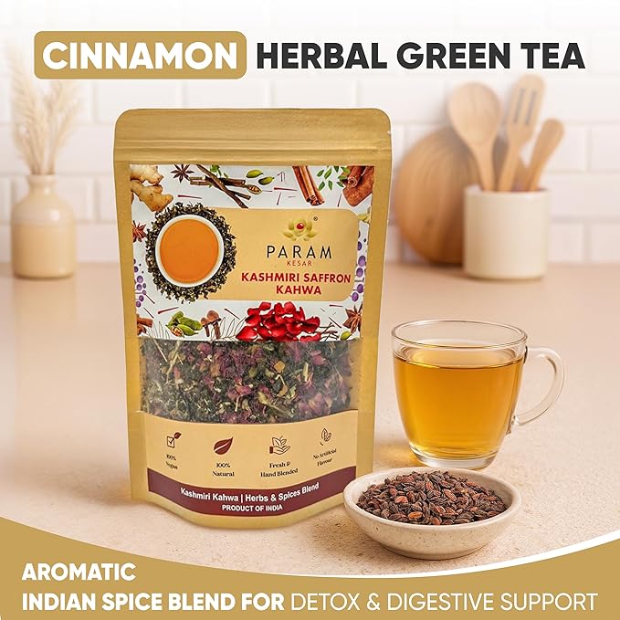 Param Kesar® Organic Kashmiri Kahwa Herbal Tea | Detox &amp Digestive Support | Aromatic 12 Spice Bend | 100g Loose Leaf Tea