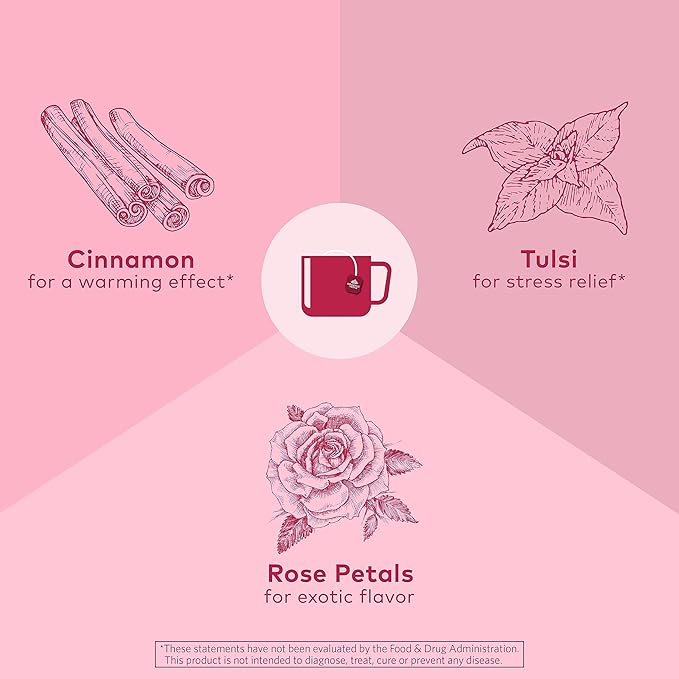 Organic India Tulsi Cinnamon Rose Herbal Tea - Holy Basil Stress Relieving &amp Mystical Immune Support USDA Certified Organic Supports Sugar Metabolism Caffeine-Free - 18 Infusion Bags 6 Pack
