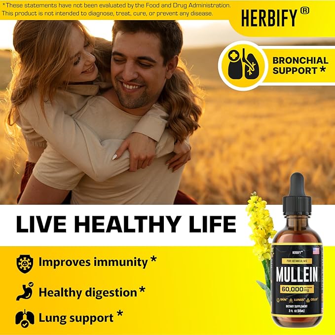 HERBIFY Mullein Extract 2 oz Tincture for Respiratory Health Mullein Leaf and Flowers Blend (Verbascum Densiflorum)
