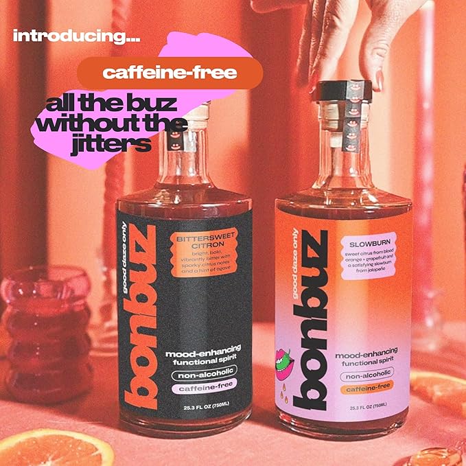 Bonbuz Slowburn Caffeine-Free - Functional Non-Alcoholic Spirit with Nootropics &amp Adaptogens - Spicy Sugar-Free Mocktail Mixer &amp Alcohol Replacement Drink - Low-Calorie Keto Gluten-Free - 75