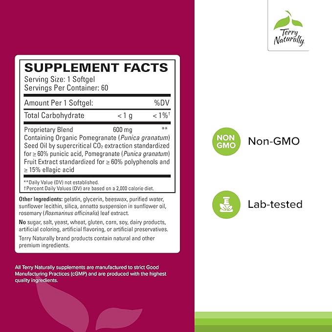 Terry Naturally Pomegranate Seed Oil - Dietary Supplement to Support Cardiovascular Health - Herbal Non-GMO Supplement with Omega-5 &amp Pomegranate Extract - 60 Softgels