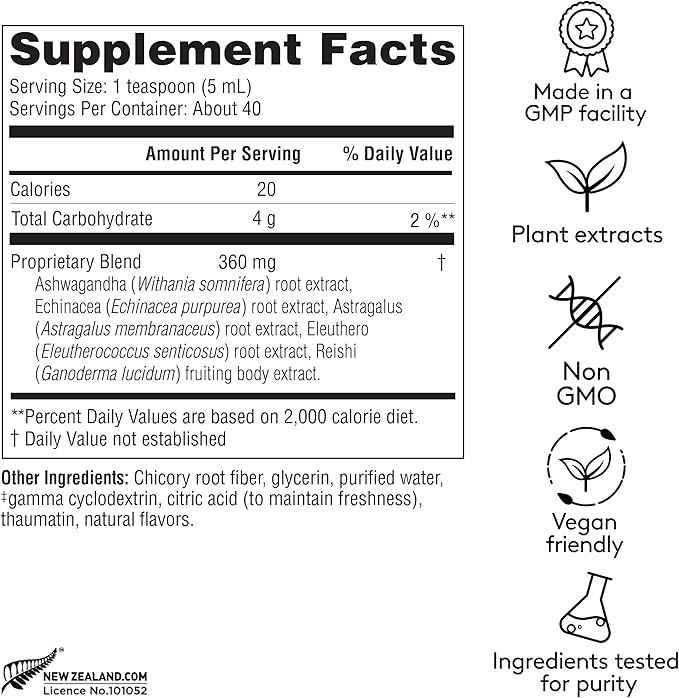 Immune + Energy Syrup Herbal Formula with Ashwagandha Echinacea Astragalus and Ginseng High Absorption Easy to Take Caffeine-Free - 6.7 Fl oz (40 Servings)