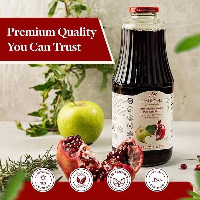 Pure Pomegranate &amp Apple Juice 33.8oz Glass Bottle (Pack of 4) Cold Pressed Juice Not from Concentrate Non-GMO No Sugar Added Gluten Free Kosher Certified Preservative Free