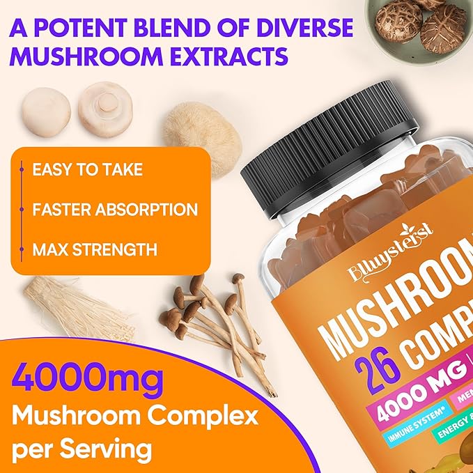 Mushroom Gummies for Adults 4000mg Brain Supplements for Memory and Focus 26 in 1 Mushroom Supplement Complex with Ashwagandha &amp Lion's Mane Turkey Tail Reishi Cordyceps Organic 120 Count