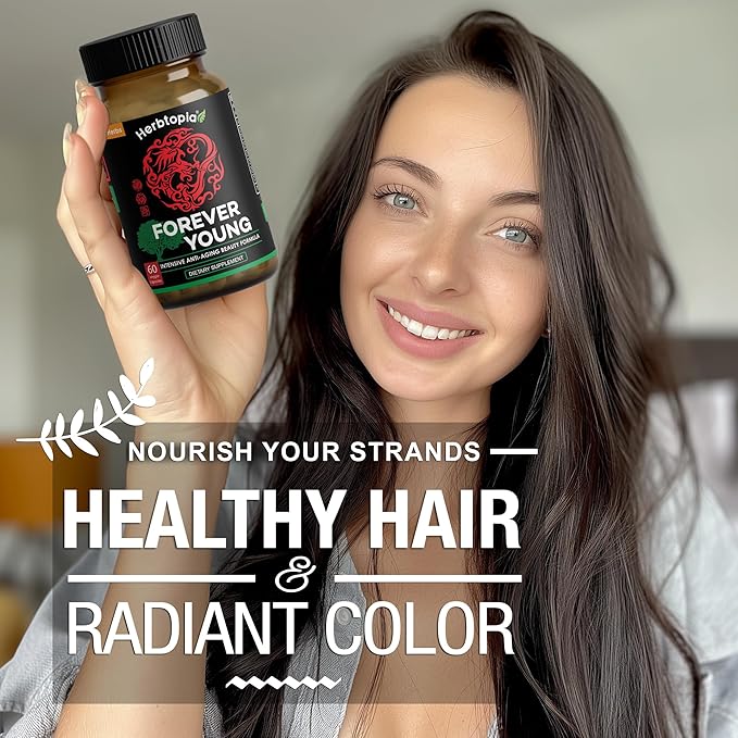 Forever Young Longevity Supplement for Immunity Anti Gray Hair Telomere Lengthening &amp Happy Mood w/Ginseng Astragalus Lions Mane Reishi Mushroom Codonopsis | Organic - 60 Caps