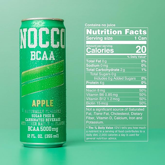 NOCCO Zero Sugar BCAA Drink Apple - 12 Fl Oz (Pack of 12) - 0mg Caffeine Sugar Free with Branched Chain Amino Acids Carbonated &amp Low Calorie B Vitamins Grab &amp Go Performance Beverage