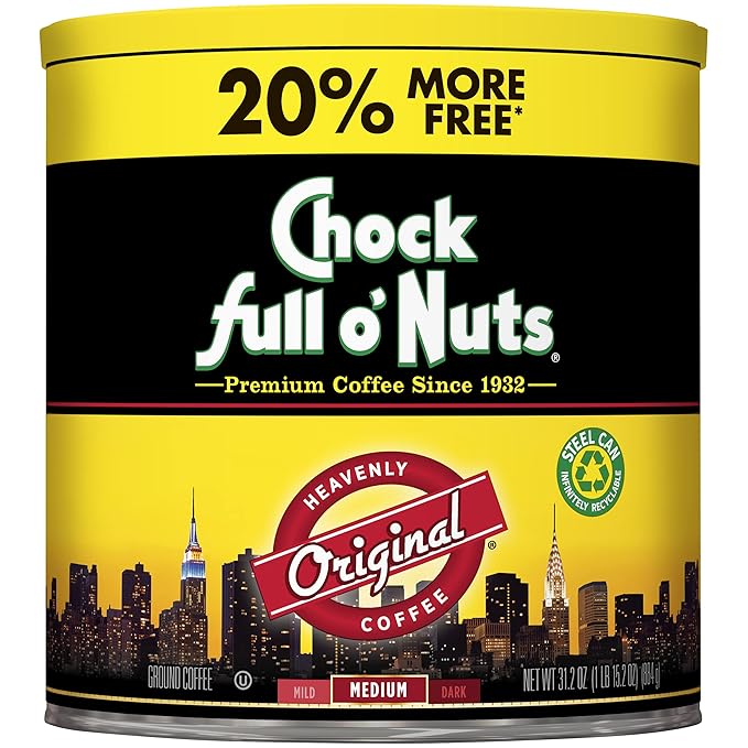 Chock Full o’Nuts Original Roast Ground Coffee Medium Roast (31.2 Oz. Can) - Coffee Beans - Smooth Full-Bodied Medium Blend with A Rich Flavor