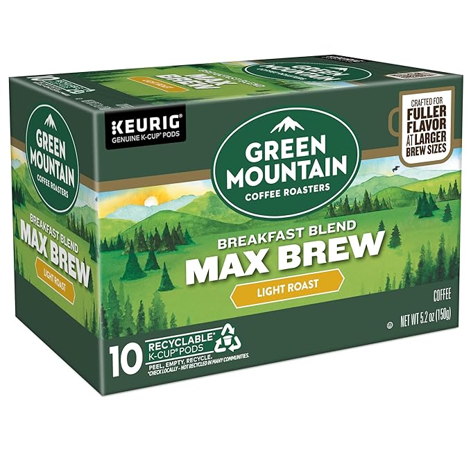 Green Mountain Coffee Roasters Breakfast Blend Max Brew Single Serve Keurig K-Cup Pods Light Roast Coffee 60-Count Box (6 Packs of 10)
