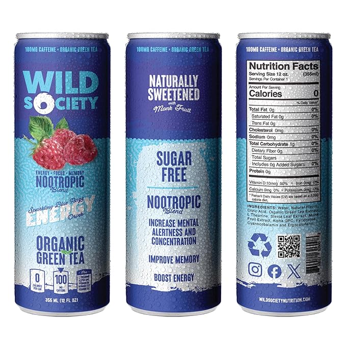 Wild Society Natural Energy Drink + Nootropics (12 pack) - 100 mg Organic Caffeine from Green Tea - Zero Sugar &amp Zero Calories - Monk Fruit Sweetened - Clean Ingredients - Fuel Mind &amp Body - B