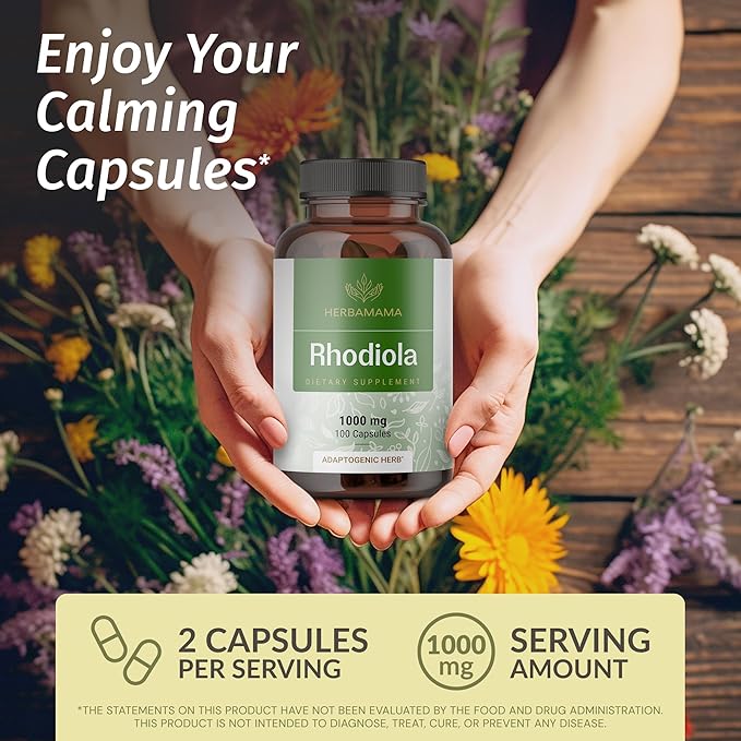 HERBAMAMA Lemon Balm and Rhodiola Kit - Bundle of Lemon Balm Tincture 4 Fl Oz &amp 1000mg Rhodiola Rosea Capsules - Vegan Non-GMO Alcohol &amp Gelatin-Free - 2 Pack