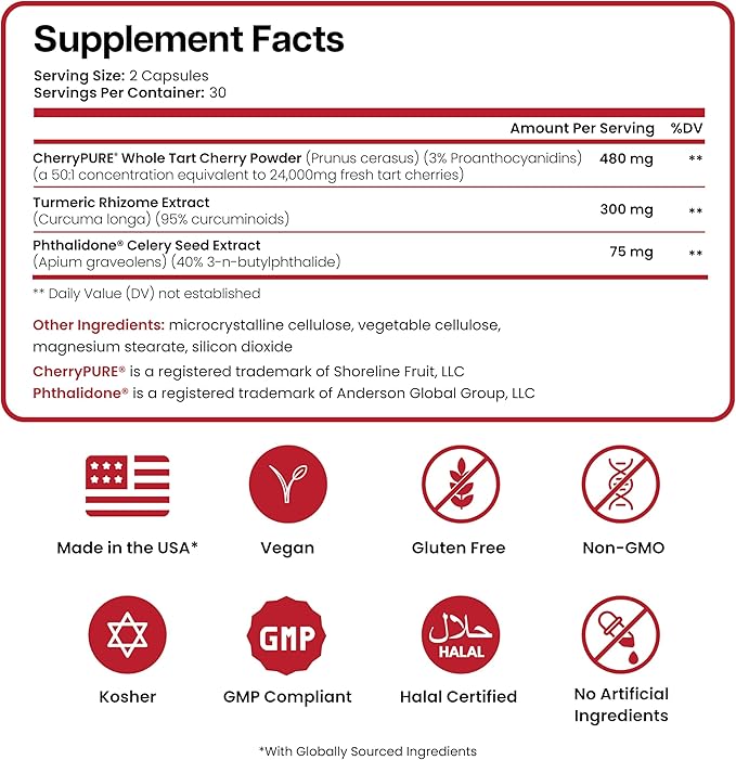 3 in 1 Tart Cherry Extract Capsules with Turmeric &amp Celery Seed for Feet &amp Joint Support Uric Acid Flush Cleanse &amp Purge Pills 60 Veggie Capsules Manufactured in USA