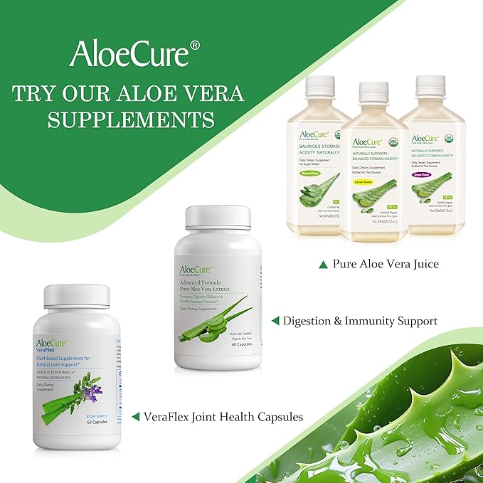 AloeCure USDA Organic Aloe Vera Juice Grape Flavor Made Within 12 Hours of Harvest - Pure Aloe Vera Digestive &amp Immune Health Supplement Helps Maintain Balanced Stomach Acidity 16.7oz x 4 Btls