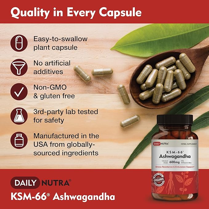 DailyNutra KSM-66 Ashwagandha 600mg Organic Root Extract - High Potency Supplement with 5% Withanolides | Supports Relaxation Focus &amp Energy (270 Capsules)