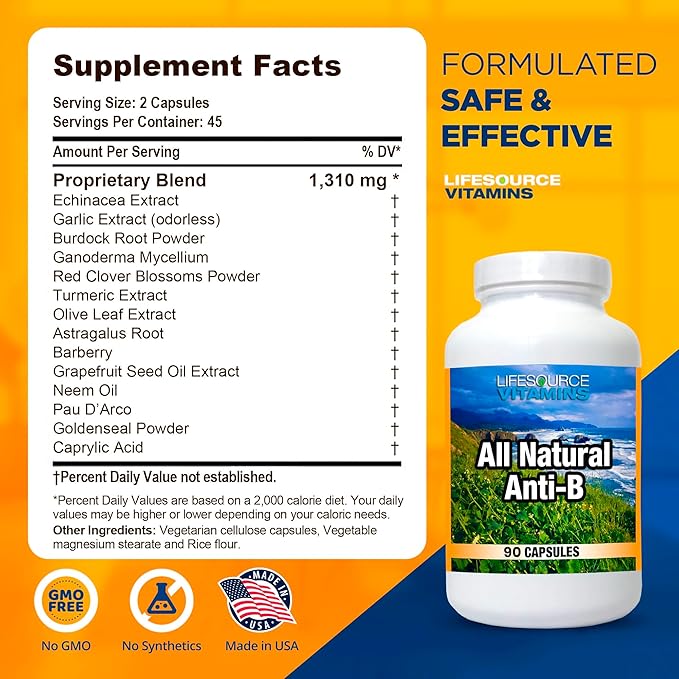 LifeSource Vitamins All Natural Anti-B for Immune Support 14 All Natural Ingredient with Echinacea &amp Garlic Extract 90 Immune Defense Capsules.