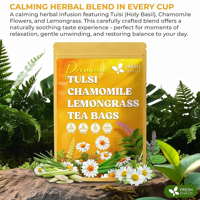 FreshDrinkUS Premium 135 Tea Bags Tulsi Chamomile Lemongrass Herbal Tea | Blend with Holy Basil Chamomile Flowers &amp Lemongrass Leaves – Naturally Caffeine-Free Soothing Herbal Infusion. Vegan