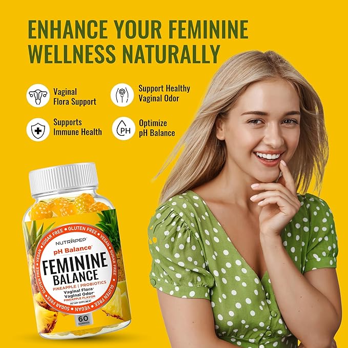 Feminine Balance Probiotics Gummies for Women - Vaginal Health &amp Women's pH Balance Natural Gummy Supplement with Cranberry Pineapple Powder - Sugar Free Gluten Free Vegan
