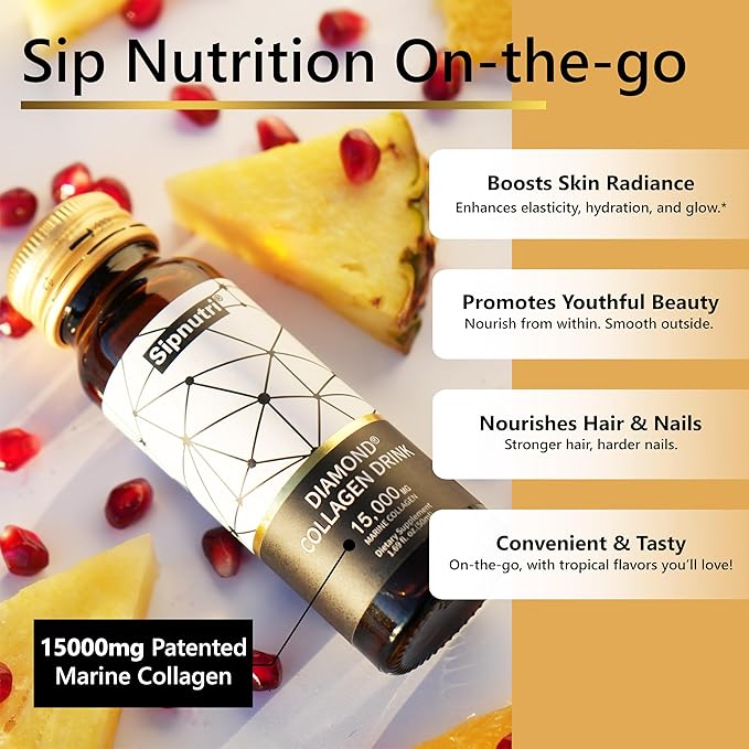 Diamond Liquid Collagen Drink for Women &amp Men 15000 mg Hydrolyzed Marine Collagen Peptides with Vitamin C Pomegranate Hair Skin Nails Joints Bones Support 50 ml x 30 Bottles