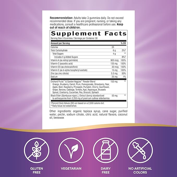 Nature's Way Alive! Immune Support* Gummies with Elderberry Extract Vitamins C &amp D3 Zinc No Gluten Grape &amp Cherry Flavored 90 Vegetarian Gummies (Packaging May Vary)
