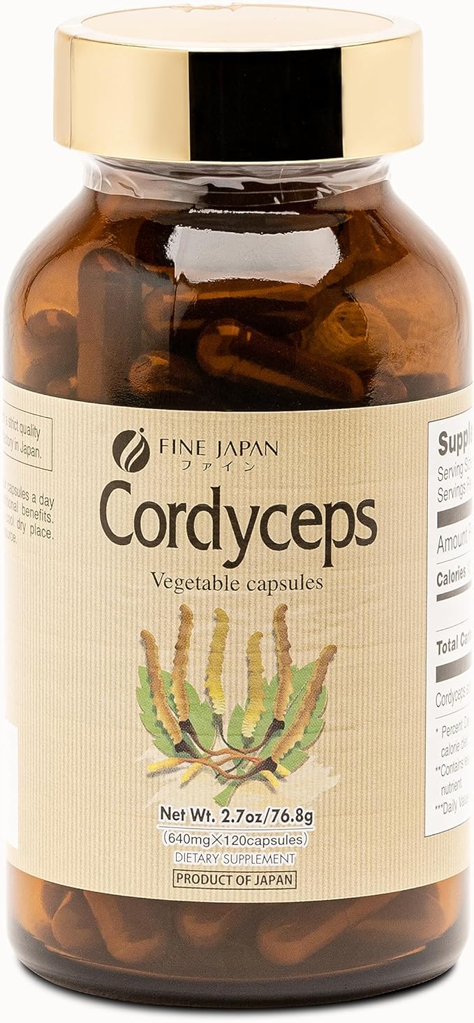 FINE JAPAN Cordyceps Mushroom Capsules - Premium Cordyceps Militaris and Sinensis Extract for Optimal Health Benefits 100% Authentic Cordyceps in Easy-to-Swallow Capsules