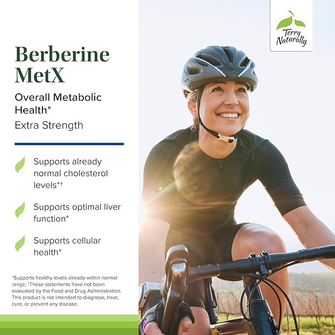 Terry Naturally Berberine MetX Extra Strength - Brain &amp Liver Health Support Supplement - Supplement with Indian Barberry Root Extract - Vegan Capsules for Metabolic Health Support - 60 Capsules