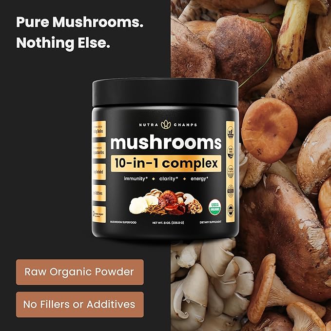 NutraChamps Organic Mushroom Powder - 10-in-1 Complex - Mushroom Supplement Powder Blend for Memory Focus &amp Immune Support - 8oz (8.0 OZ Mushroom Blend)