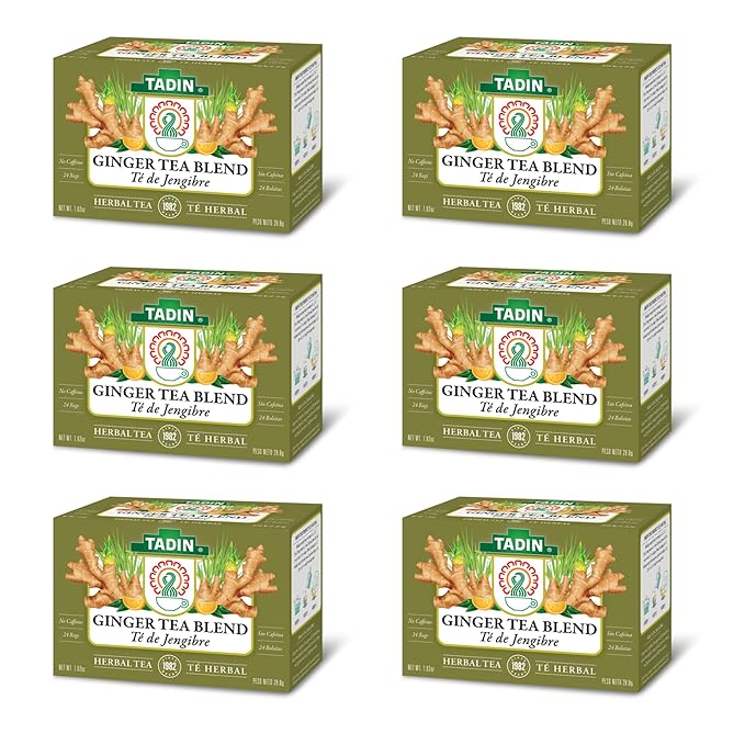 Tadin Ginger Tea Blend Herbal Tea Caffeine Free 24 Tea Bags Per Box Pack of 6