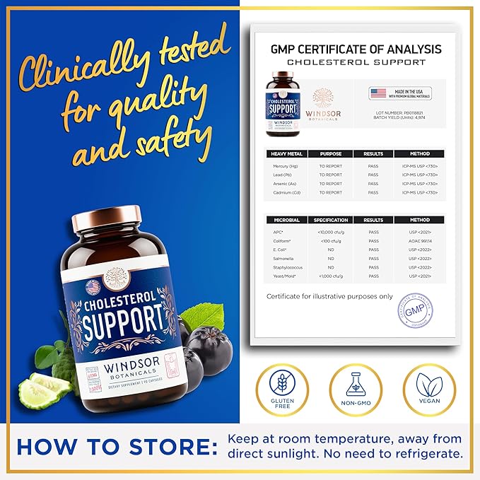 WINDSOR BOTANICALS Cholesterol Supplements - Citrus Bergamot Niacin Red Yeast Rice Berberine Aronia Berry Extract to Support Normal HDL and LDL Cholesterol Levels - 90 Vegan Non-GMO Capsules