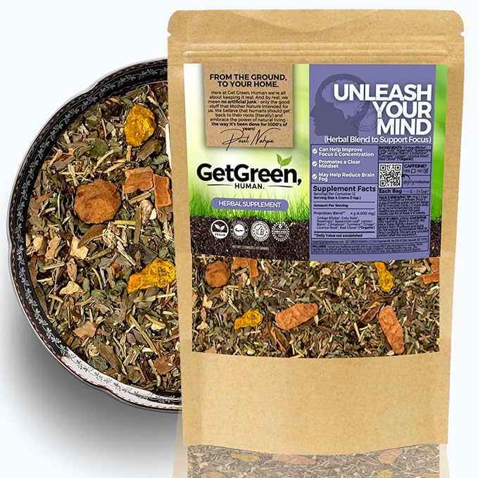 Clear Mind + Focus and Memory Loose Leaf Tea w/ Ginkgo Biloba Gotu Kola Rosemary | Organic Herbal Tea | 2 oz (57 gram) | Decaf Vegan Healthy ZERO Caffeine Organic Herbs No Natural or Artificia