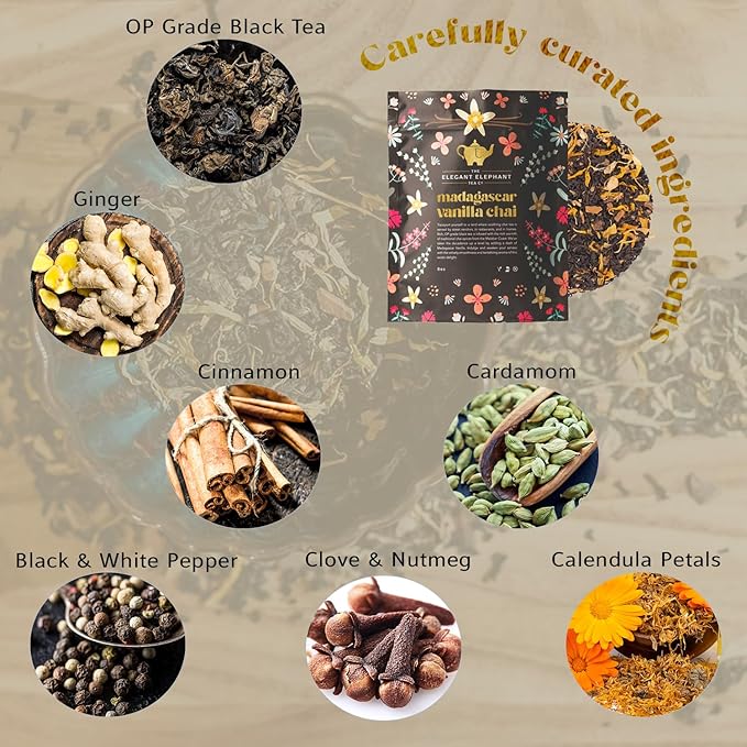 Madagascar Vanilla Chai Tea Organic Loose Leaf Chai Tea – Black Tea with Chai Spice Blend – Great Hot or Iced Chai Latte – 4 oz Resealable Bag (Makes 50 Cups) – The Elegant Elephant