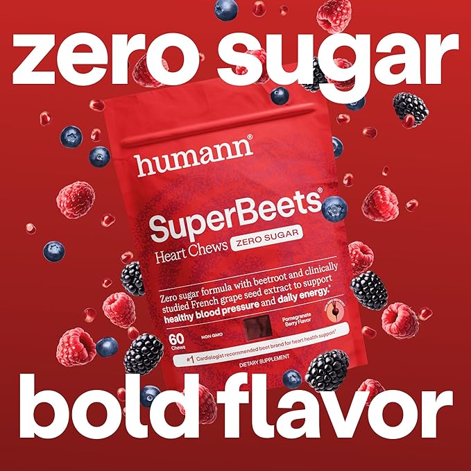 Humann SuperBeets Heart Chews Zero Sugar Nitric Oxide and Blood Pressure Support Grape Seed Extract &amp Non-GMO Beet Root Powder Energy Supplement Pomegranate Berry Flavor 60 Count