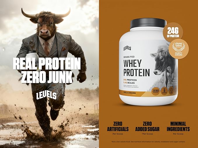Levels Grass Fed Whey Protein Powder No Artificials 24G of Protein Vanilla Cinnamon 5LB