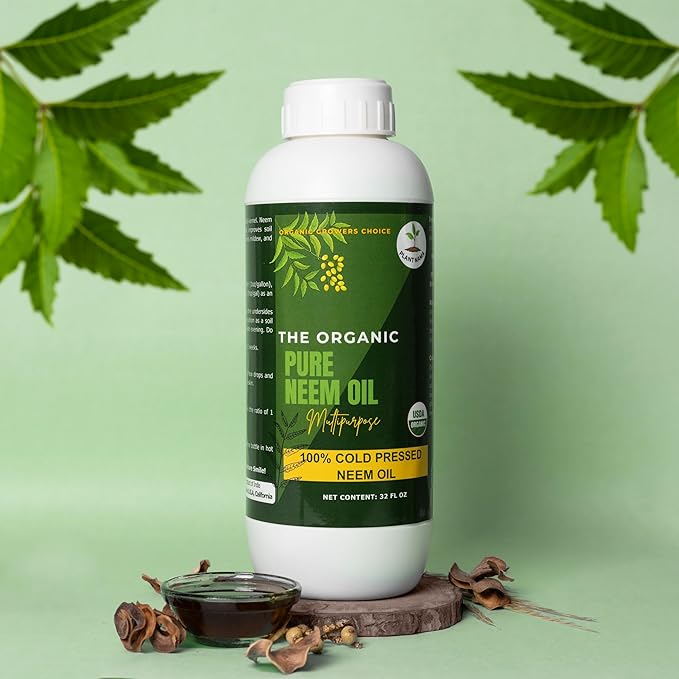 Organic 100% Cold Pressed Neem Oil (32 Fl Oz) - Pure Neem Oil for Hair Skin Nails Pets Indoor &amp Outdoor Plants &amp Garden - Unrefined All Natural Concentrated Multipurpose.